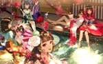  animal blurry cat closed_eyes clothed_animal commentary_request depth_of_field ebisu_(onmyoji) flower hair_flower hair_ornament itsumade_(onmyoji) japanese_clothes kimono kochou_no_sei_(onmyoji) long_hair long_sleeves looking_at_viewer mask mask_on_head momo_(onmyoji) multiple_girls onmyoji onmyouji open_eyes partially_submerged pink_eyes red_eyes red_kimono sakura_(onmyoji) say_hana short_hair shouzu_(onmyoji) sitting smile soaking_feet ubume_(onmyoji) water white_flower white_kimono wide_sleeves wooden_floor ying_grass 