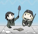  animated animated_gif black_hair blonde_hair blush chito_(shoujo_shuumatsu_ryokou) coat crying gun helmet hidamari_sketch long_hair lowres military military_uniform multiple_girls parody rifle shoujo_shuumatsu_ryokou shovel smile stahlhelm uniform weapon yuuri_(shoujo_shuumatsu_ryokou) 