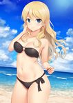  alternate_hairstyle bandeau banned_artist beach bikini black_bikini blonde_hair blue_eyes blue_sky breasts cleavage closed_mouth cloud cloudy_sky collarbone cowboy_shot darjeeling day dutch_angle girls_und_panzer groin hair_down hand_up highres horizon long_hair looking_at_viewer medium_breasts n.g. navel o-ring o-ring_bikini o-ring_top ocean outdoors side-tie_bikini sky smile solo swimsuit thighs 