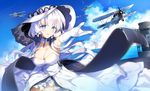  aircraft airplane azur_lane blue_eyes breasts cloud cloudy_sky day dress elbow_gloves gloves hat highres illustrious_(azur_lane) large_breasts long_hair looking_at_viewer low_twintails outstretched_arm rei_(rei's_room) sky smile solo thighhighs twintails white_dress white_gloves white_hair 