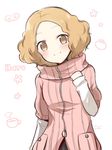  bad_id bad_pixiv_id blush brown_eyes brown_hair character_name commentary_request cup domino_mask mask nyoro_desu okumura_haru persona persona_5 pink_sweater ribbed_sweater short_hair smile solo sweater teacup tomato 