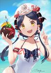  2017 :d arm_garter artist_name bangs black_hair blurry blush bracelet braid brown_eyes cloud coconut collarbone commentary_request dated day depth_of_field drinking_straw food fruit fruit_cup hair_tubes halterneck head_tilt headdress highres holding horns jewelry looking_at_viewer number one-piece_swimsuit open_mouth original outdoors parted_bangs ranyu sidelocks signature sky smile solo swimsuit tied_hair v v-shaped_eyebrows water wet white_swimsuit 