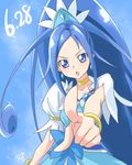  :o blue blue_background blue_bow blue_eyes blue_hair blue_skirt bow chocokin choker cure_diamond dated dokidoki!_precure earrings foreshortening hishikawa_rikka jewelry long_hair looking_at_viewer magical_girl open_mouth pointing ponytail precure signature simple_background skirt solo upper_body yellow_neckwear 