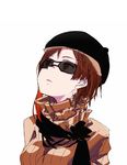  beret brown_hair coco_adel esu_(transc) hat looking_up rwby short_hair solo sunglasses upper_body white_background 