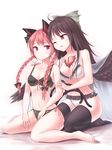  :o ahoge animal_ears bangs bare_arms bare_legs bare_shoulders barefoot black_bow black_bra black_hair black_legwear black_panties black_wings bow bra braid breasts cape cat_ears cat_tail cleavage collarbone feathered_wings feet fingernails green_bow hair_bow hand_on_another's_shoulder kaenbyou_rin long_hair medium_breasts minust multiple_girls navel nekomata one_eye_closed panties parted_lips red_eyes red_hair reiuji_utsuho seiza sharp_toenails side-tie_panties simple_background sitting small_breasts tail thighhighs third_eye toenails toes touhou twin_braids underwear underwear_only wariza white_background white_bra white_panties wings 