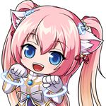  :d angelic_buster animal_ears bangs bell blue_eyes blush bow cat_ears eyebrows_visible_through_hair fang gloves hair_bell hair_between_eyes hair_bow hair_ornament hair_ribbon head_tilt horns jingle_bell long_hair long_sleeves looking_at_viewer lowres maplestory nekono_rin official_style open_mouth paw_pose pink_hair red_ribbon ribbon shirt simple_background smile solo twintails very_long_hair white_background white_bow white_gloves white_ribbon white_shirt 