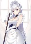  azur_lane bangs bare_shoulders belfast_(azur_lane) braid breasts broom chain cleavage closed_mouth collar corset cowboy_shot dress elbow_gloves french_braid frilled_gloves frills gloves holding indoors kanikou large_breasts long_hair maid_headdress purple_eyes shiny shiny_hair silver_hair sleeveless sleeveless_dress smile solo standing straight_hair very_long_hair white_dress white_gloves window 