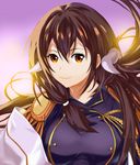  azur_lane breasts brown_eyes brown_hair buttons closed_mouth commentary_request epaulettes hair_between_eyes highres horns junshi_(junbox) large_breasts long_hair long_sleeves looking_at_viewer mikasa_(azur_lane) military military_uniform smile solo uniform upper_body 