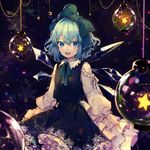  bangs blue_eyes blue_hair blue_skirt bow cirno crescent daimaou_ruaeru glass green_bow hair_bow highres ice ice_wings long_sleeves looking_at_viewer open_mouth skirt skirt_set smile snowflakes solo star touhou vest wings 