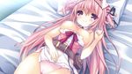  aisia_mayfield bare_shoulders bed belt breasts breasts_outside cameltoe game_cg hand_on_own_stomach karakara_(game) long_hair lying medium_breasts nipples no_bra no_pants official_art on_back p19 panties pillow pink_eyes pink_hair pink_panties pink_shirt ribbon shirt smile solo two_side_up underwear 