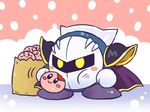  bag blush_stickers cape eating food full_body holding holding_food kirby kirby_(series) looking_at_viewer mask meta_knight no_humans paper_bag pauldrons pink_background pote_(ptkan) purple_cape shoulder_armor solo yellow_eyes 
