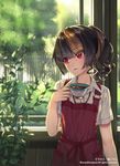  apron arm_at_side bangs blush brown_hair coffee collared_shirt cup day drink eyebrows_visible_through_hair fatal_twelve fence holding holding_cup indoors looking_to_the_side matsusatoru_kouji official_art parted_lips plant ponytail potted_plant red_apron red_eyes shirt shishimai_rinka short_hair smile solo tree upper_body wavy_hair white_shirt window wing_collar 