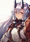  armor bandana fate/grand_order fate_(series) grey_hair hair_between_eyes highres horns japanese_armor japanese_clothes long_hair looking_at_viewer nakatokung red_eyes solo tomoe_gozen_(fate/grand_order) 