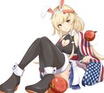  american_flag animal_ears apple azur_lane benson_(azur_lane) black_legwear breasts brown_eyes cleavage cleavage_cutout commentary_request fake_animal_ears food fruit hairband highres hoshimiya_mashiro large_breasts light_brown_hair long_hair looking_at_viewer simple_background sitting smile solo thighhighs white_background zettai_ryouiki 