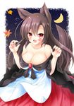  :d animal_ears blush breasts brooch brown_hair claw_pose collarbone commentary crescent_moon dress fang fingernails hair_between_eyes highres imaizumi_kagerou jewelry large_breasts long_dress looking_at_viewer moon open_mouth osashin_(osada) red_eyes red_neckwear sharp_fingernails smile solo sweatdrop tail they_had_lots_of_sex_afterwards touhou wide_sleeves wolf_ears wolf_tail 