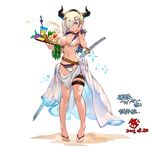  2017 barefoot barefoot_sandals belt bikini black_hairband blue_eyes breasts choker cleavage collarbone commentary dated draph food fruit full_body granblue_fantasy grey_bikini hair_ornament hair_over_one_eye hairband hamakaze_(kantai_collection) highres horns kantai_collection large_breasts looking_at_viewer open_mouth red_ribbon ribbon sakura_rock see-through sheath sheathed sideboob simple_background solo standing swimsuit sword thigh_strap weapon white_background wrist_ribbon 