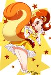  animal_ears arisugawa_himari ass bow brown_eyes brown_hair choker cowboy_shot cure_custard dress earrings elbow_gloves extra_ears food_themed_hair_ornament gloves hair_ornament highres jewelry kirakira_precure_a_la_mode magical_girl namazu_(dc_27546) ponytail precure red_neckwear short_hair smile solo squirrel_ears squirrel_tail star tail white_gloves yellow_background yellow_bow yellow_dress 