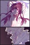  bed blonde_hair blue_eyes blush bound bound_wrists brown_hair comic diana_cavendish highres kagari_atsuko little_witch_academia milk_puppy multiple_girls open_clothes open_shirt red_eyes shirt tears undressing yuri 