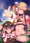 armband bangs beach black_footwear black_gloves blush boots breasts closed_mouth commentary_request day girls_frontline gloves hair_between_eyes half_gloves hat iron_cross kar98k_(girls_frontline) large_breasts lens_flare long_hair lying multiple_girls multiple_persona navel on_stomach outdoors peaked_cap petite rainbow shennai_misha sidelocks silver_hair sitting smile sun_hat thigh_boots thighhighs thighs very_long_hair wariza younger 