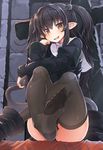  black_hair black_legwear chin_rest commentary_request eyebrows_visible_through_hair feet hair_behind_ear hair_ornament itou_ryuusei long_hair long_sleeves looking_at_viewer on_bed open_mouth orange_eyes original pointy_ears shoes single_shoe sister_camilla sitting sitting_on_bed skindentation soles solo tail thighhighs two_side_up 