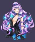  aqua_hair black_background breasts collarbone dress flower glowing glowing_hair hair_bun hair_flower hair_ornament halter_dress highres long_hair macross macross_delta medium_breasts mikumo_guynemer multicolored_hair open_mouth purple_hair red_eyes shimatani_azu solo two-tone_hair very_long_hair wavy_hair 