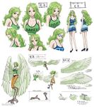  1girl bare_legs breasts character_sheet claws curvy dress female flying glasses green_hair large_breasts long_hair looking_at_viewer monet_(one_piece) monster_girl no_bra official_art one_piece short_shorts shorts smile wings yellow_eyes 