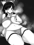  ascot blush bow breasts commentary_request curvy detached_sleeves fundoshi greyscale hair_bow hair_tubes hakurei_reimu hand_on_own_chest haseru_(ginku_mh) huge_breasts japanese_clothes looking_at_viewer monochrome naughty_face navel raised_eyebrow shirt_lift short_hair sitting smile solo thick_eyebrows thick_thighs thighhighs thighs touhou wide_hips 