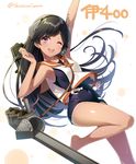  ;d armpits arms_up bangs bare_arms bare_legs bare_shoulders barefoot black_hair black_hairband blush brown_hair character_name covered_navel dutch_angle eyebrows_visible_through_hair hairband huyukaaki i-400_(kantai_collection) kantai_collection leg_up long_hair looking_at_viewer machinery one-piece_swimsuit one_eye_closed open_mouth over_shoulder purple_eyes rigging sailor_collar school_swimsuit shiny shiny_hair shirt sketch skin_tight sleeveless smile solo standing standing_on_one_leg sweat swept_bangs swimsuit swimsuit_under_clothes tan tanline tareme thighs turret twitter_username very_long_hair white_background white_shirt 