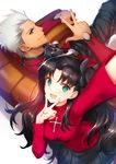  1girl :d absurdres aqua_eyes archer arm_up black_hair black_pants black_ribbon black_skirt brown_eyes crossed_arms dark_skin dark_skinned_male eyebrows_visible_through_hair fate/stay_night fate_(series) floating_hair from_above hair_ribbon highres long_hair looking_at_viewer looking_back looking_up miniskirt open_mouth pants pleated_skirt reaching_out red_shirt ribbon self_shot shirt silver_hair simple_background sitting skirt smile tabobox toosaka_rin twintails v w white_background 