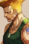  american_flag blonde_hair blue_eyes closed_mouth dog_tags frown furrowed_eyebrows grey_background guile hankuri looking_at_viewer male_focus muscle simple_background solo street_fighter tank_top tattoo upper_body veins 