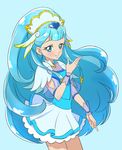  blue blue_background blue_eyes blue_hair closed_mouth cnove cowboy_shot cure_ange earrings head_wings hugtto!_precure jewelry long_hair looking_at_viewer magical_girl precure simple_background skirt smile solo spoilers white_skirt wrist_cuffs yakushiji_saaya 