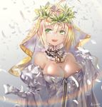  :d ahoge artist_name azomo bare_shoulders blonde_hair breasts bright_pupils chain cleavage detached_collar detached_sleeves elbow_gloves eyebrows_visible_through_hair fate/extra fate/extra_ccc fate/grand_order fate_(series) feathers gloves gradient gradient_background green_eyes highres large_breasts lock looking_at_viewer nero_claudius_(bride)_(fate) nero_claudius_(fate)_(all) open_mouth padlock short_hair simple_background smile solo upper_body veil white_gloves white_sleeves wreath 