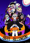  5boys absurdres amakusa_shirou_(fate) astolfo_(fate) bat black_cape blonde_hair brown_hair cape commentary_request fate/apocrypha fate_(series) graveyard green_eyes halloween halloween_costume hand_on_headwear hat highres holding holding_scythe jack-o'-lantern jeanne_d'arc_(fate) jeanne_d'arc_(fate)_(all) karna_(fate) moon mordred_(fate) mordred_(fate)_(all) multiple_boys multiple_girls night night_sky nun open_clothes pants pink_hair purple_eyes red_eyes sakuragi_anju scythe sieg_(fate/apocrypha) siegfried_(fate) silver_hair sky toothbrush white_pants 