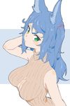  absurdres animal_ears bare_arms bare_shoulders blue_background blue_hair blush breasts brown_sweater cleavage_cutout closed_mouth donguri_suzume green_eyes hand_in_hair hand_up highres large_breasts long_hair looking_at_viewer looking_to_the_side one_side_up ribbed_sweater solo sweater sweater_vest upper_body 