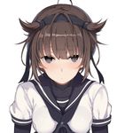  @_@ black_bodysuit black_sailor_collar bodysuit breasts brown_eyes brown_hair hachimaki hair_flaps hatsuzuki_(kantai_collection) headband kantai_collection oniku_(oishii_oniku) sailor_collar school_uniform serafuku short_hair short_sleeves simple_background small_breasts solo white_background 