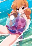  :d absurdres afloat ball beachball blush breast_press breasts brown_eyes covered_navel dutch_angle eyebrows_visible_through_hair hair_between_eyes highres long_hair looking_at_viewer low_twintails mousou_(mousou_temporary) navel ocean one-piece_swimsuit open_mouth orange_hair pink_swimsuit small_breasts smile solo swimsuit tokita_moeko twintails wakaba_girl 