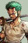  blood blood_on_face bruise closed_mouth earrings frown furrowed_eyebrows green_hair grey_background hankuri holding holding_sword holding_weapon injury jewelry katana male_focus one_piece over_shoulder roronoa_zoro sanpaku shirt short_sleeves simple_background solo standing sword torn_clothes torn_shirt upper_body v-shaped_eyebrows weapon weapon_over_shoulder white_shirt 