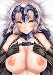  3: bangs black_gloves blush breasts chain clenched_teeth commentary_request elbow_gloves eyebrows_visible_through_hair fate/grand_order fate_(series) gloves grey_hair headpiece jeanne_d'arc_(alter)_(fate) jeanne_d'arc_(fate)_(all) large_breasts looking_at_viewer lying md5_mismatch nipples on_back oni-noboru solo teeth topless yellow_eyes 