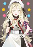  armband belt beret blonde_hair dress gloves hat highres kantai_collection long_hair mole mole_under_eye multicolored multicolored_clothes multicolored_gloves multicolored_scarf open_mouth pom_pom_(clothes) richelieu_(kantai_collection) scarf solo strapless strapless_dress white_dress yellow_eyes yunamaro 