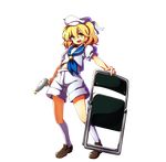  :d baba_(baba_seimaijo) beret blonde_hair chair commentary_request folding_chair full_body gun hair_between_eyes handgun hat highres holding holding_gun holding_weapon kitashirakawa_chiyuri loafers looking_at_viewer open_mouth pistol puffy_short_sleeves puffy_sleeves sailor shoes short_sleeves shorts smile socks solo touhou touhou_(pc-98) transparent_background v-shaped_eyebrows weapon white_legwear yellow_eyes 