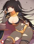  bangle black_hair bodysuit bracelet breasts cape circlet cleavage covered_navel fire_emblem fire_emblem:_kakusei jewelry large_breasts long_hair looking_at_viewer skin_tight solo songjikyo tharja tiara torn_clothes two_side_up 