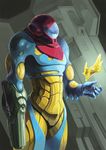  1girl arm_cannon dark_background fusion_suit gosyujin metroid monster nintendo power_armor samus_aran weapon x_(metroid) 