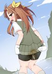  1girl antennae_hair bike_shorts blue_sky blush bow brown_eyes brown_hair cloud day embarrassed eyebrows_visible_through_hair from_behind gloves green_skirt green_vest hair_bow hair_ornament half-closed_eyes have_to_pee kagerou_(kantai_collection) kantai_collection kneehighs knees_together_feet_apart looking_at_viewer looking_back looking_to_the_side matching_hair/eyes minamimachi_naname mountain open_mouth outdoors peeing_self pleated_skirt shirt short_sleeves skirt sky solo standing teeth tied_hair twintails vest water wet_clothes white_gloves white_legwear white_shirt years yellow_bow 