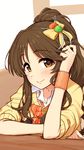  arm_rest bangs blush bow bowtie brown_eyes brown_hair commentary_request dress_shirt eyebrows_visible_through_hair hair_bow hand_in_hair highres idolmaster idolmaster_cinderella_girls long_hair looking_at_viewer omaru_gyuunyuu orange_neckwear parted_bangs ponytail shirt sidelocks sleeves_pushed_up smile solo striped striped_neckwear sweater takamori_aiko wristband yellow_bow yellow_sweater 