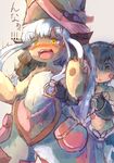  1boy 1other :3 :o animal_ears bangs blunt_bangs blush d: ears_through_headwear eyebrows_visible_through_hair facial_mark furry hat highres horizontal_pupils horns long_hair made_in_abyss mechanical_arm nanachi_(made_in_abyss) navel nose_blush open_mouth parted_lips paws regu_(made_in_abyss) ria_(efikrisia) shirtless standing tail tail_grab topless whiskers white_hair wide-eyed yellow_eyes 