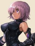  armor bare_shoulders black_armor boobplate breastplate breasts elbow_gloves fate/grand_order fate_(series) gauntlets gloves hair_over_one_eye hankuri large_breasts mash_kyrielight parted_lips pink_background pink_hair purple_eyes short_hair simple_background solo upper_body wide-eyed 