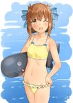  ;d ahoge bangs bare_arms bare_shoulders bikini blue_background blue_bow blush bow breasts collarbone cowboy_shot eyebrows_visible_through_hair frilled_bikini_bottom frills groin hair_bow hand_on_hip highres holding inazuma_(kantai_collection) inflatable_shark inflatable_toy jpeg_artifacts kantai_collection navel one_eye_closed open_mouth round_teeth sidelocks small_breasts smile solo soushou_nin standing stomach striped striped_bow swimsuit tareme teeth thighs yellow_bikini 