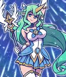  akairiot alternate_costume bare_shoulders boots breasts choker commentary gloves green_eyes green_hair hair_ornament horn league_of_legends long_hair magical_girl medium_breasts pointy_ears skirt smile solo soraka staff star_guardian_soraka strapless thigh_boots thighhighs very_long_hair white_footwear white_gloves 