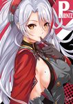  azur_lane blush breasts character_name commentary_request engrish eyebrows_visible_through_hair eyes_visible_through_hair finger_to_mouth gloves hair_between_eyes headgear large_breasts long_hair long_sleeves looking_at_viewer mole mole_on_breast parted_lips prinz_eugen_(azur_lane) ranguage sakiyamama sideboob signature silver_hair smile solo upper_body yellow_eyes 