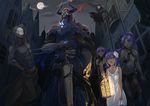  3boys 3girls :o abs adjusting_hair arm_behind_head arm_up armlet armor armpits assassin_(fate/zero) balcony bald bare_arms bare_shoulders black_gloves black_hairband black_pants black_sky blue_eyes breastplate breasts building center_opening child_assassin_(fate/zero) cleavage closed_mouth cloud collarbone colored_skin commentary_request cowboy_shot dagger dark-skinned_female dark_skin dress earrings elbow_gloves expressionless fate/grand_order fate/prototype fate/prototype:_fragments_of_blue_and_silver fate/stay_night fate/zero fate_(series) female_assassin_(fate/zero) flat_chest full_moon gauntlets gloves glowing glowing_eyes grey_skin hair_between_eyes hairband hand_up hassan_of_serenity_(fate) hassan_of_the_cursed_arm_(fate) height_difference highres holding holding_sword holding_weapon hoop_earrings horns jewelry king_hassan_(fate) knee_pads knife lantern leaning_forward legs_apart light long_hair looking_at_viewer mask mask_on_head medium_breasts midair moon multiple_boys multiple_girls muscular nakaga_eri navel night night_sky open_mouth outdoors pants parted_bangs ponytail purple_eyes purple_hair revealing_clothes sheath sheathed short_hair shoulder_spikes skull skull_mask sky sleeveless sleeveless_dress smile spikes standing stomach sundress sword teeth tight_clothes tight_pants topless_male torn_clothes town trait_connection underboob very_long_hair weapon white_dress window 